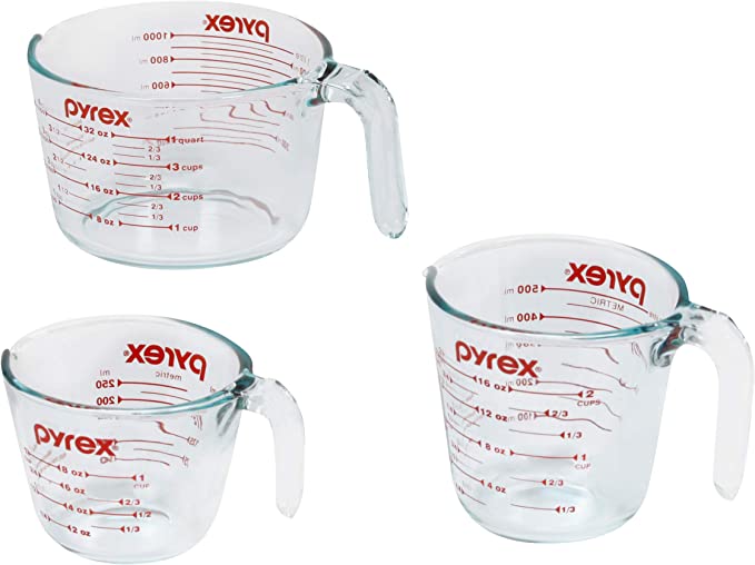 Three Pyrex liquid measuring cups.
