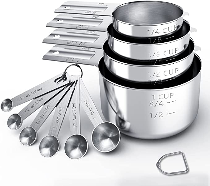 Silver metal measuring cups and spoons.