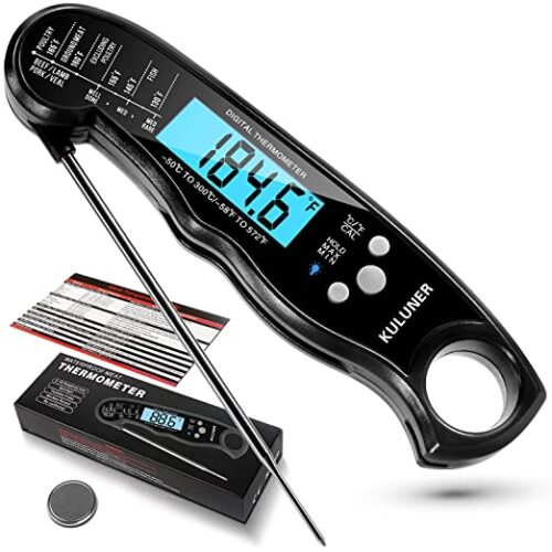 A black digital meat thermometer.