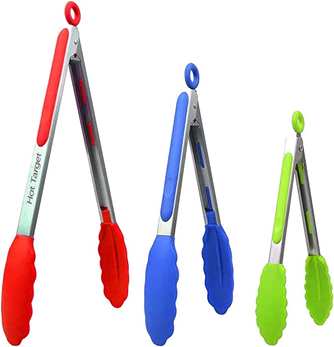 Three silicone tongs in different sizes.