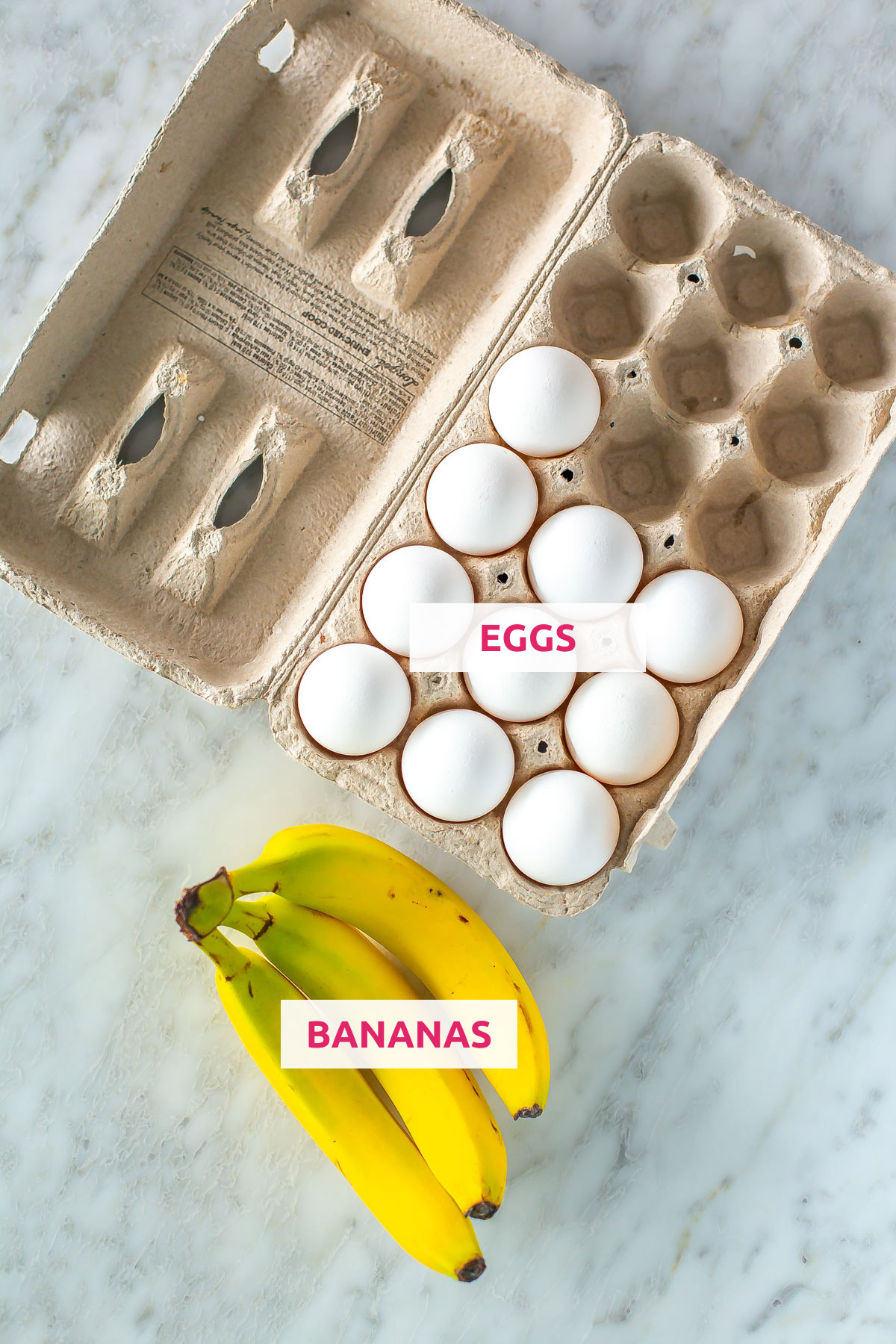 Ingredients for banana egg pancakes: bananas and eggs.