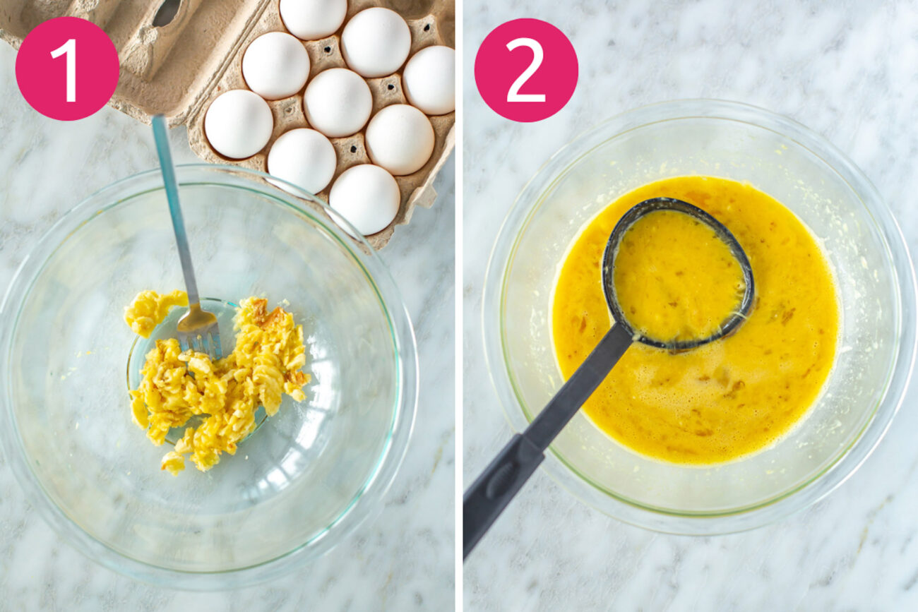 Steps 1 and 2 for making banana egg pancakes: mash bananas then mix in eggs.