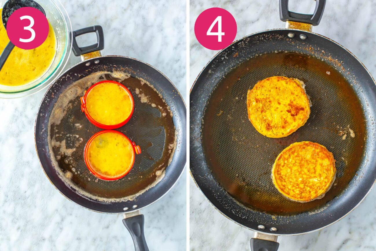 Steps 3 and 4 for making banana egg pancakes: pour batter into skillet then cook pancakes.
