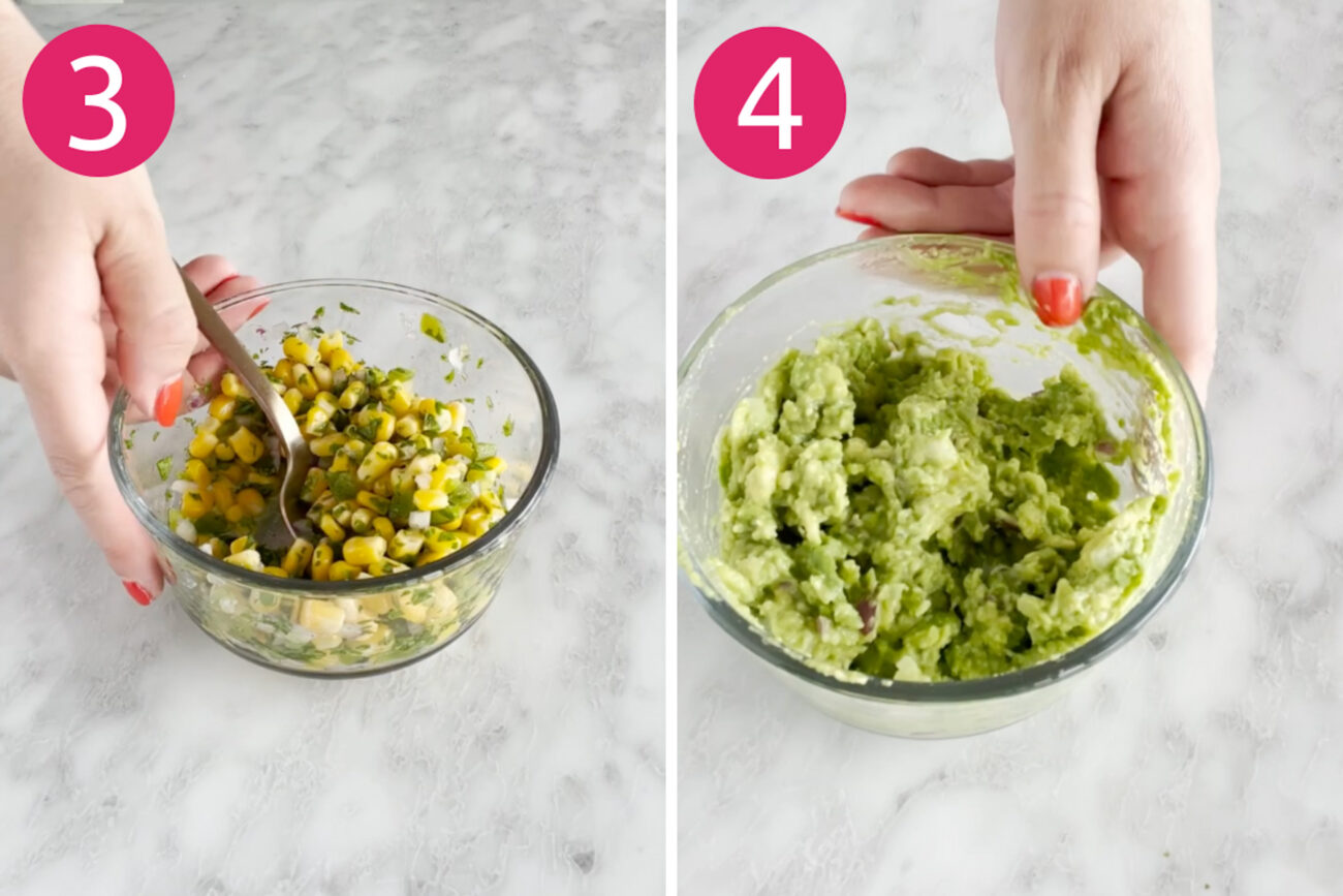 Steps 3 and 4 for making chipotle chicken burrito bowls: Make the salsa(s) and guacamole.