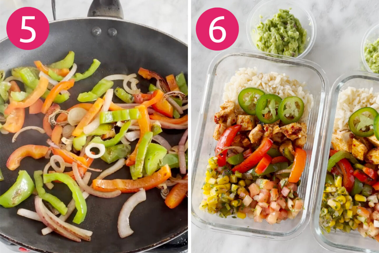 Steps 5 and 6 for making chipotle chicken burrito bowls: Stir fry the veggies then assemble your bowls.