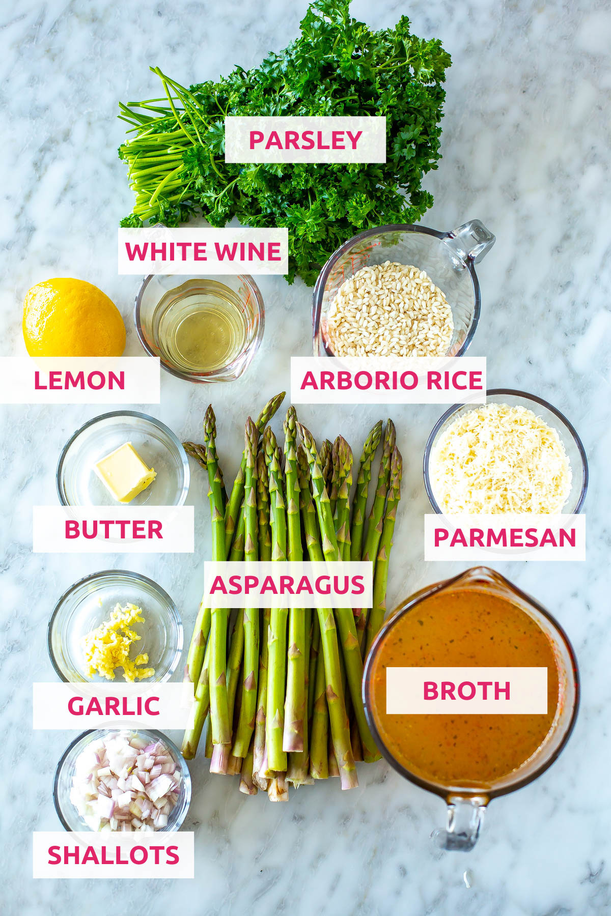 Ingredients for asparagus risotto: parsley, asparagus, parmesan cheese, arborio rice, broth, white wine, lemon, shallots, garlic and butter.