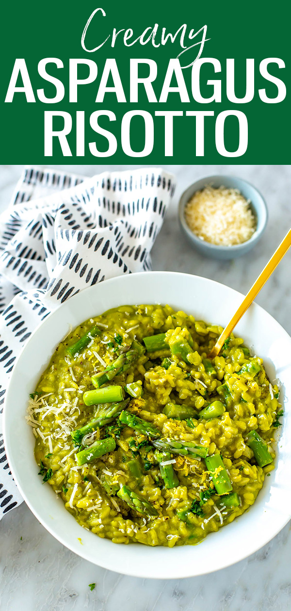 This Creamy Asparagus Risotto is the best spring dinner! It's full of yummy bright flavours and topped with lemon zest and parmesan cheese.  #asparagus #risotto 