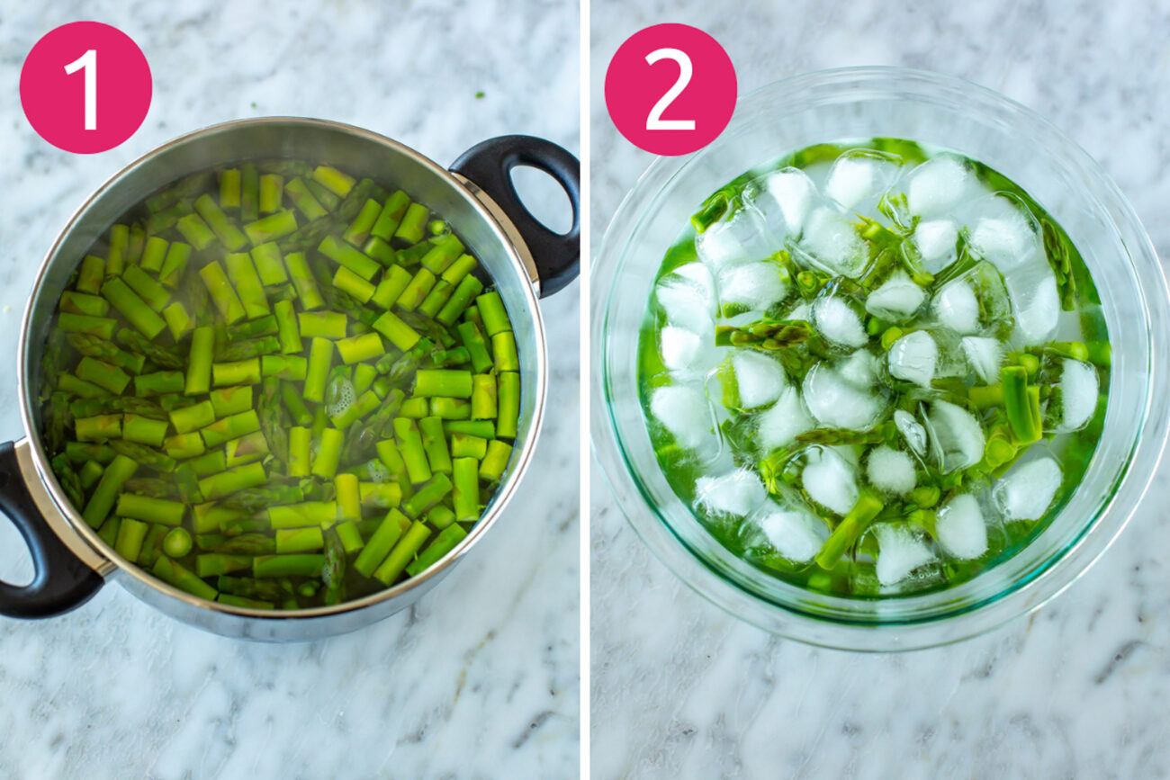 Steps 1 and 2 for making asparagus risotto: boil asparagus then reserve half and put in an ice bath.