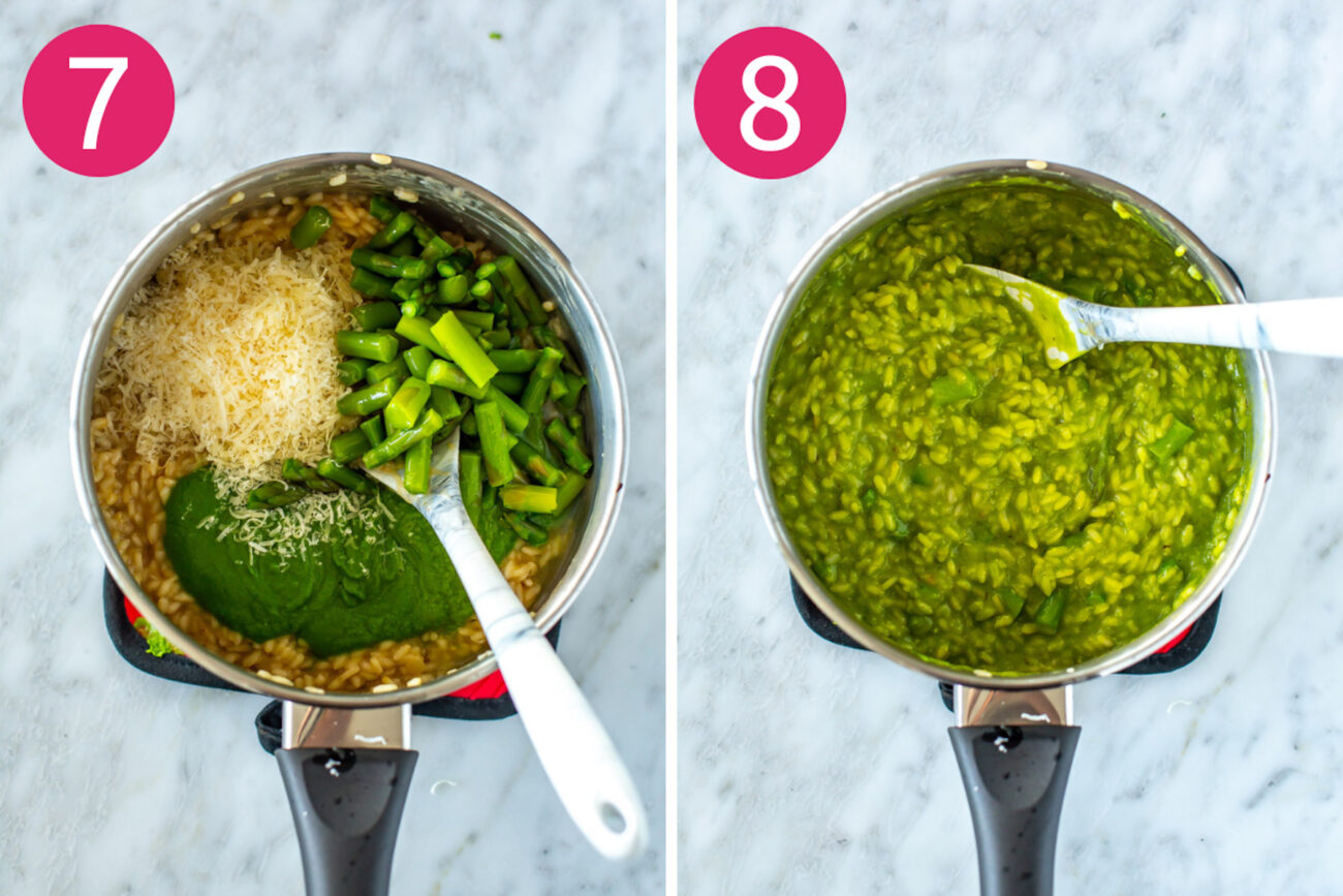Steps 7 and 8 for making asparagus risotto: Add in parmesan and asparagus, stir until combined.