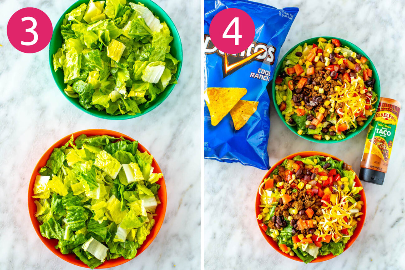 Steps 3 and 4 for making dorito taco salad: Prepare rest of your salad toppings then assemble your salad.