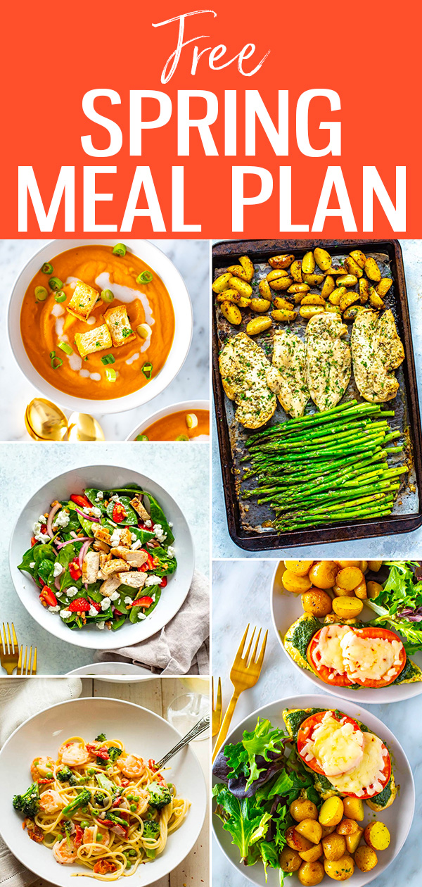 This free meal plan is full of healthy and delicious spring recipes! Meal prep for the week quickly with the included prep ahead instructions. #springrecipes #mealplan