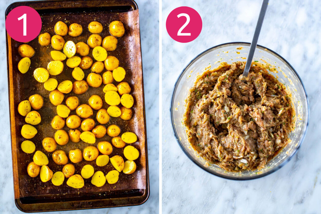 Steps 1 and 2 for making baked greek meatballs: roast potatoes and mix meatball mixture.