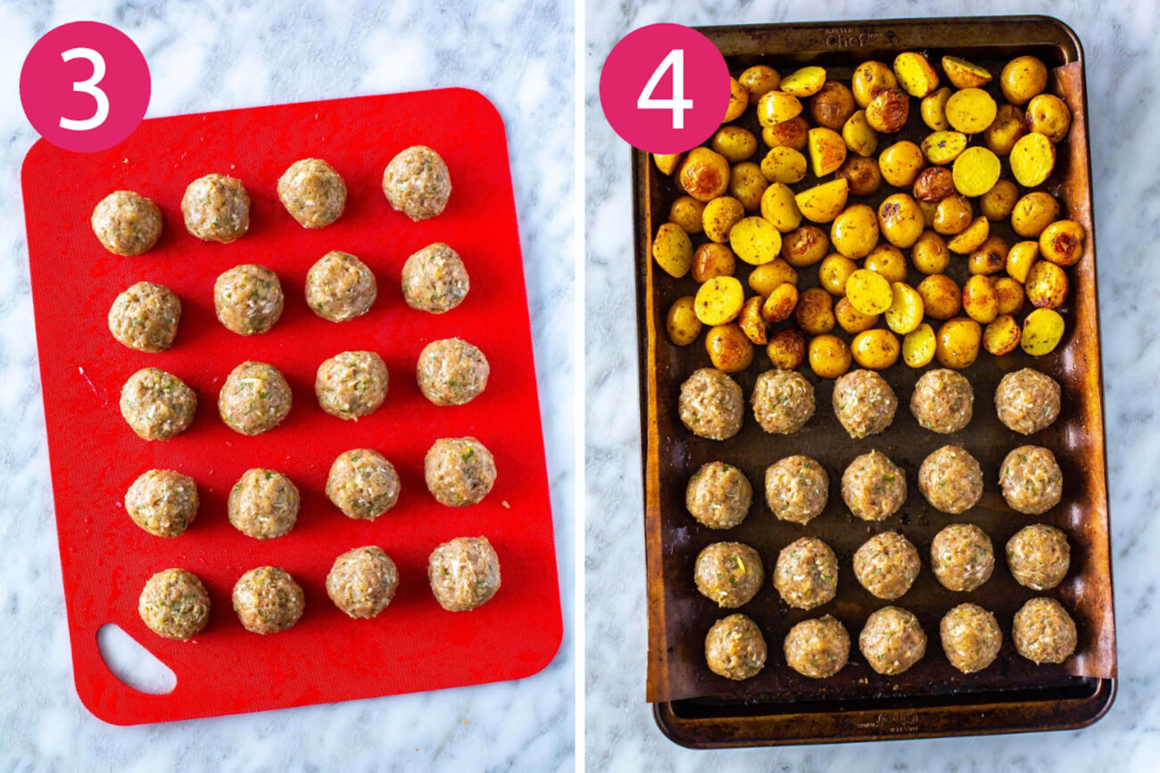 Steps 3 and 4 for making baked greek meatballs: form meatballs then bake with potatoes.