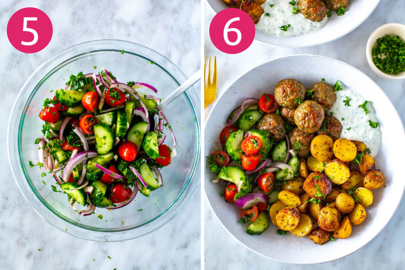 Steps 5 and 6 for making greek chicken meatballs: assemble side veggies then serve everything together with tzatziki.