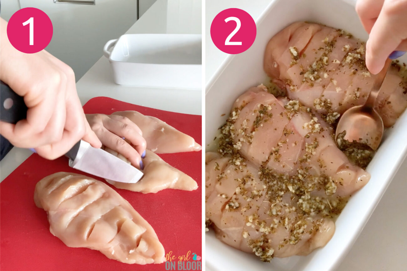Steps 1 and 2 for making hasselback greek chicken: make slits across chicken then marinate.
