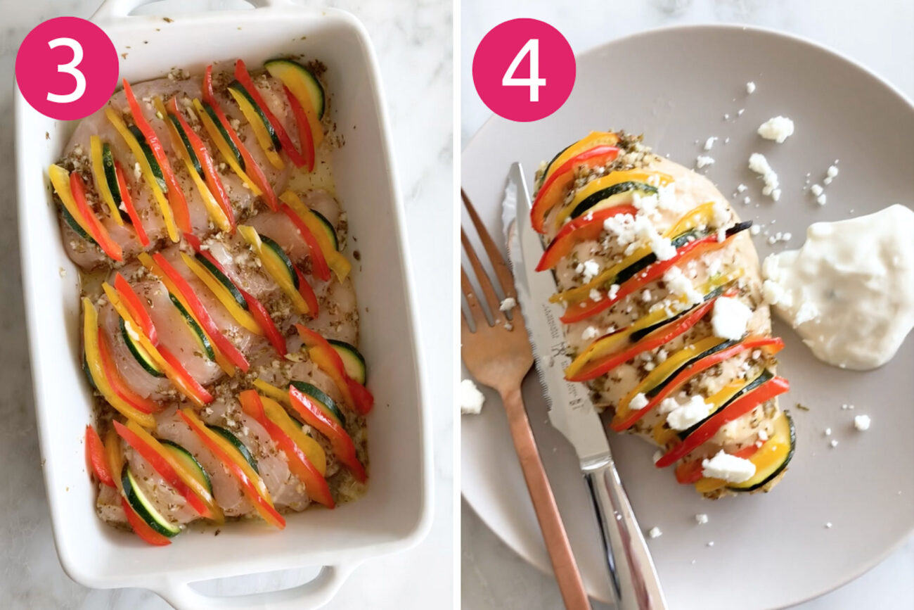 Steps 3 and 4 for making hasselback greek chicken: Stuff chicken with veggies, bake then serve topped with feta.