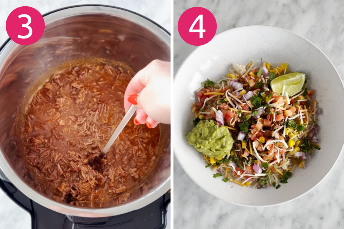Steps 3 and 4 for making instant Pot barbacoa bowls: shred beef then assemble burrito bowls.