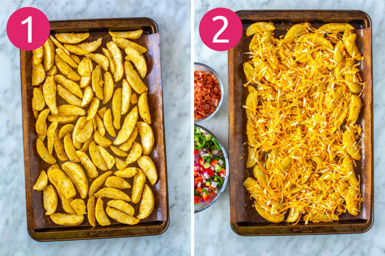 Steps 1 and 2 for making Irish nachos: Bake potato wedges and prepare toppings then top the cooked wedges with cheese.