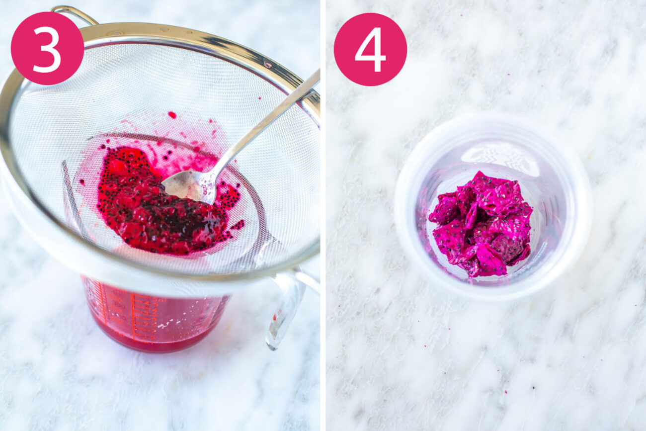 Steps 3 and 4 for making Starbucks dragonfruit refresher: Strain dragonfruit syrup then add freeze-dried dragonfruit to a tall glass.
