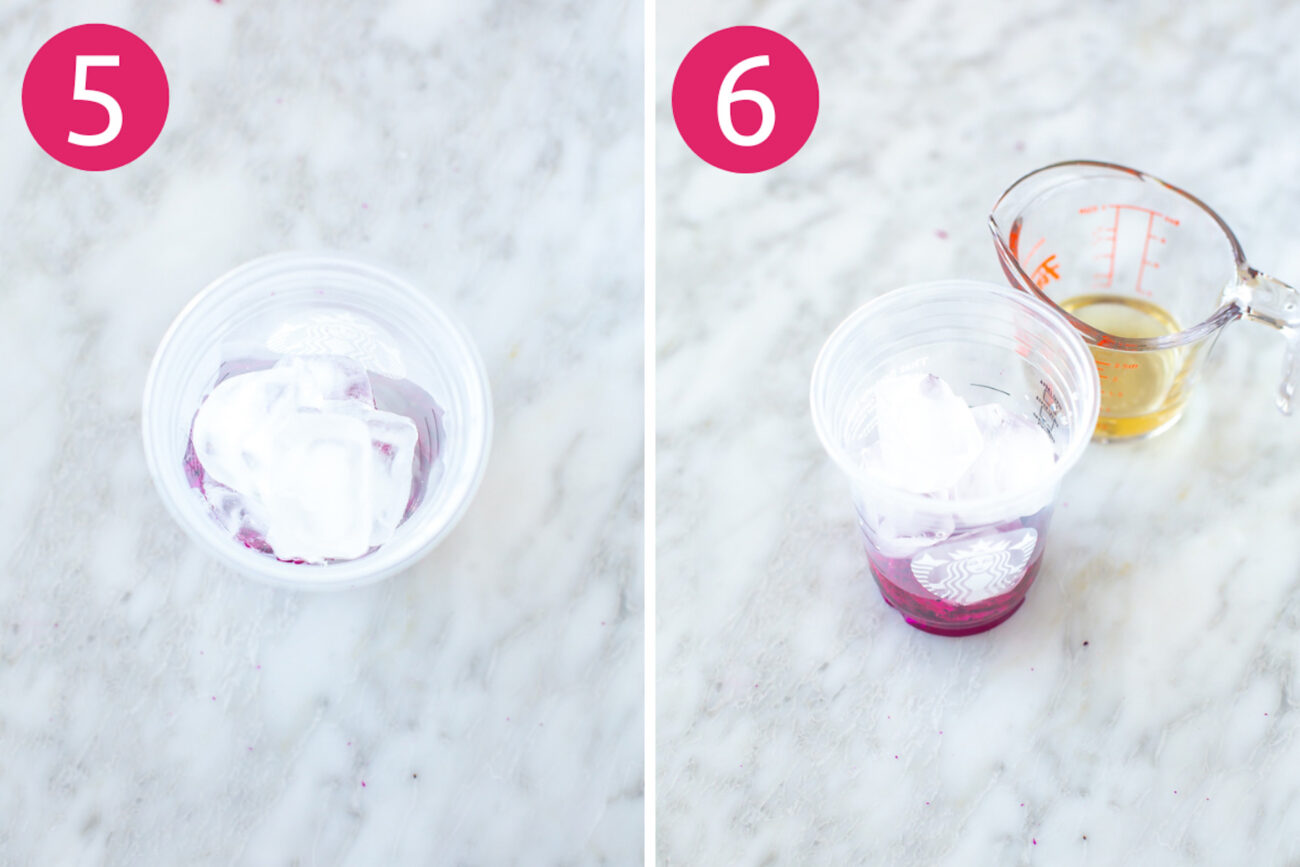 Steps 5 and 6 for making Starbucks mango dragonfruit refresher: add ice then white grape juice.