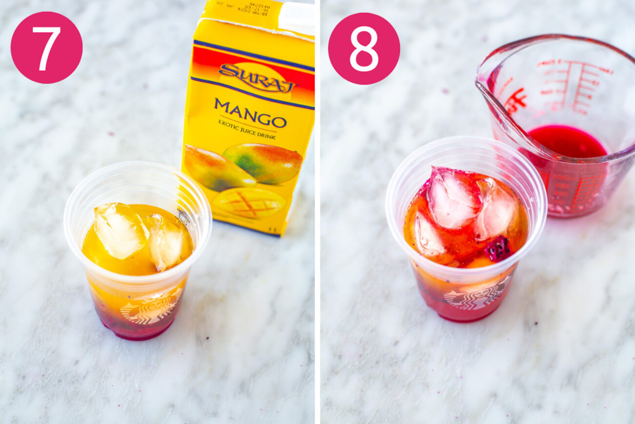 Steps 7 and 8 for making Starbucks mango dragonfruit refresher: Add in mango juice then stir in dragonfruit syrup.