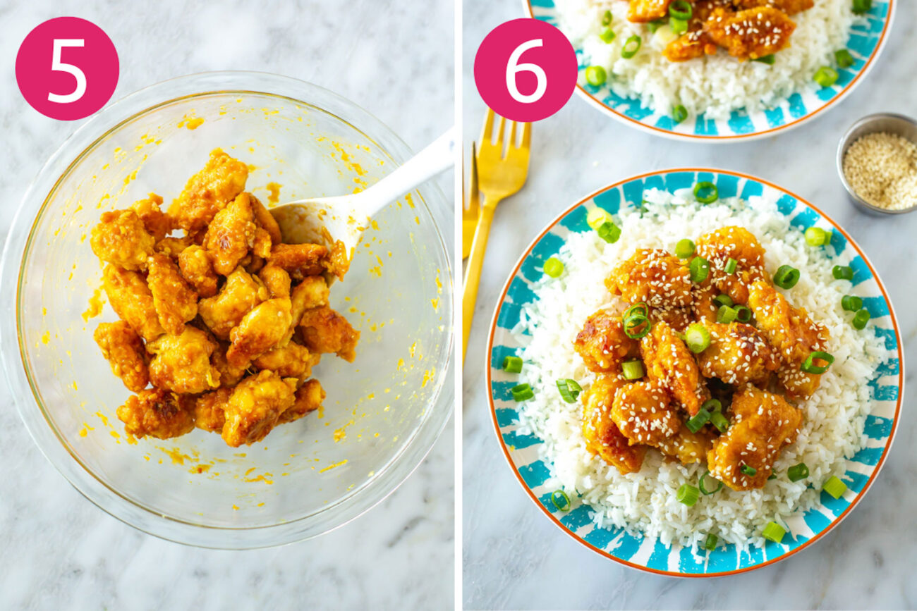 Steps 5 and 6 for making Panda Express orange chicken: Toss chicken with orange sauce then serve with rice.