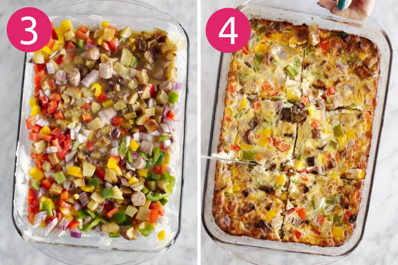 Steps 3 and 4 for making sausage hashbrown breakfast casserole: Layer casserole then bake before slicing and serving.