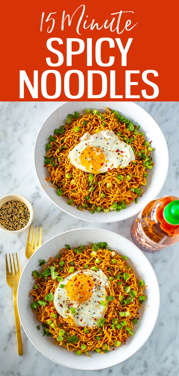 These 15 Minute Spicy Noodles are a lifesaver when you don't know what to make for dinner! They're fast, easy and made with pantry staples. #spicynoodles #15minutemeal