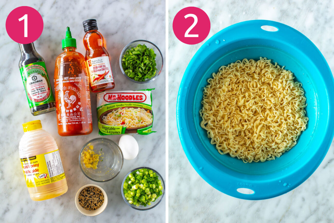 Steps 1 and 2 for making spicy noodles: assemble ingredients and cook ramen noodles.