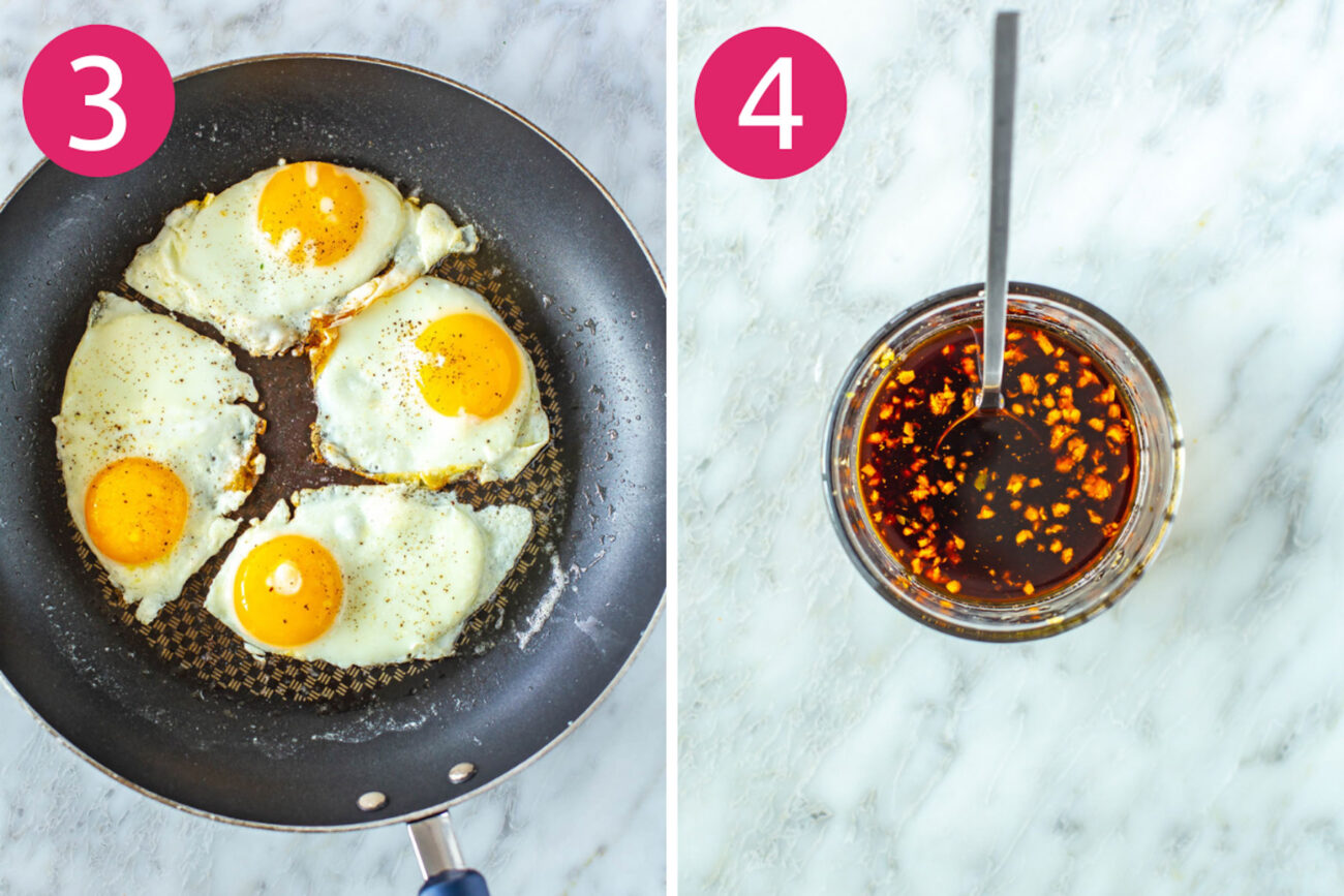 Steps 3 and 4 for making spicy noodles: cook eggs then make sauce.