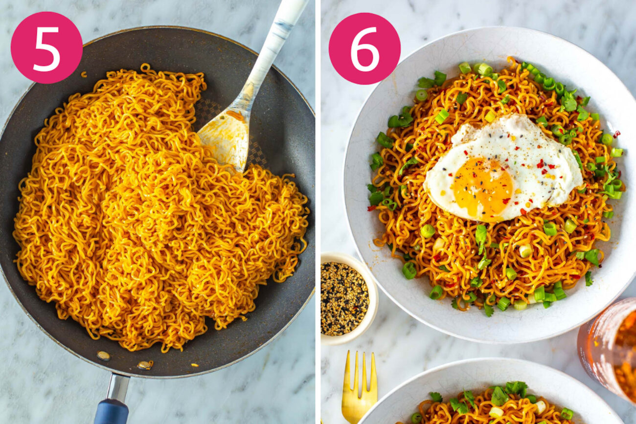 Steps 5 and 6 for making spicy noodles: Toss noodles with sauce then serve with egg and additional garnishes.