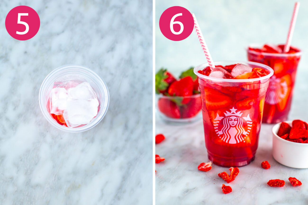 Steps 5 and 6 for making Starbucks strawberry acai refresher: Layer in ice then pour mixed drink into the glass.