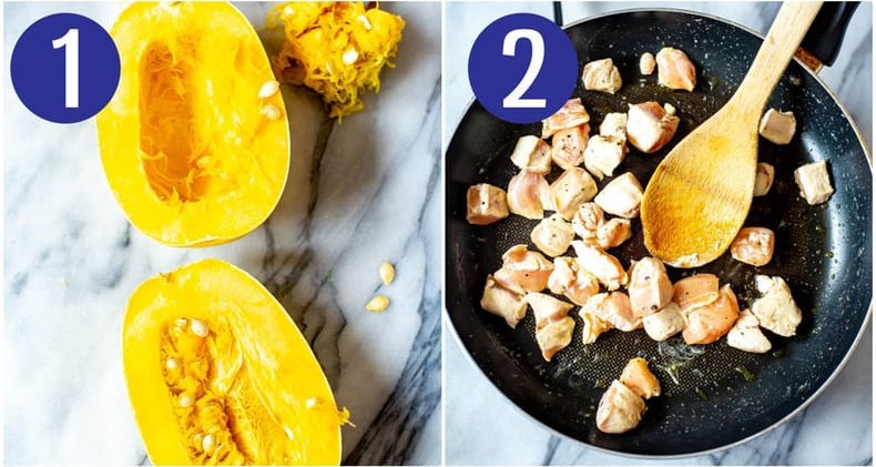 Collage shot of chicken pesto spaghetti squash step 1 & 2