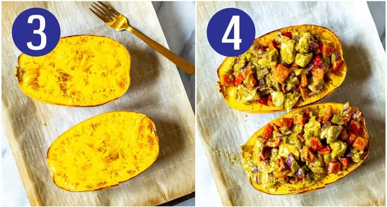 Collage shot of chicken pesto spaghetti squash step 3 & 4