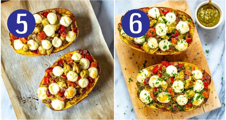 Collage shot of chicken pesto spaghetti squash step 5 & 6