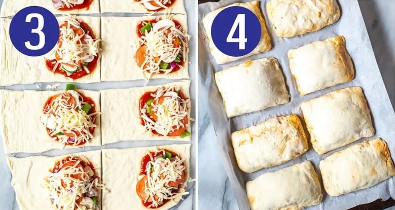 Steps 3 and 4 for making homemade pizza pockets