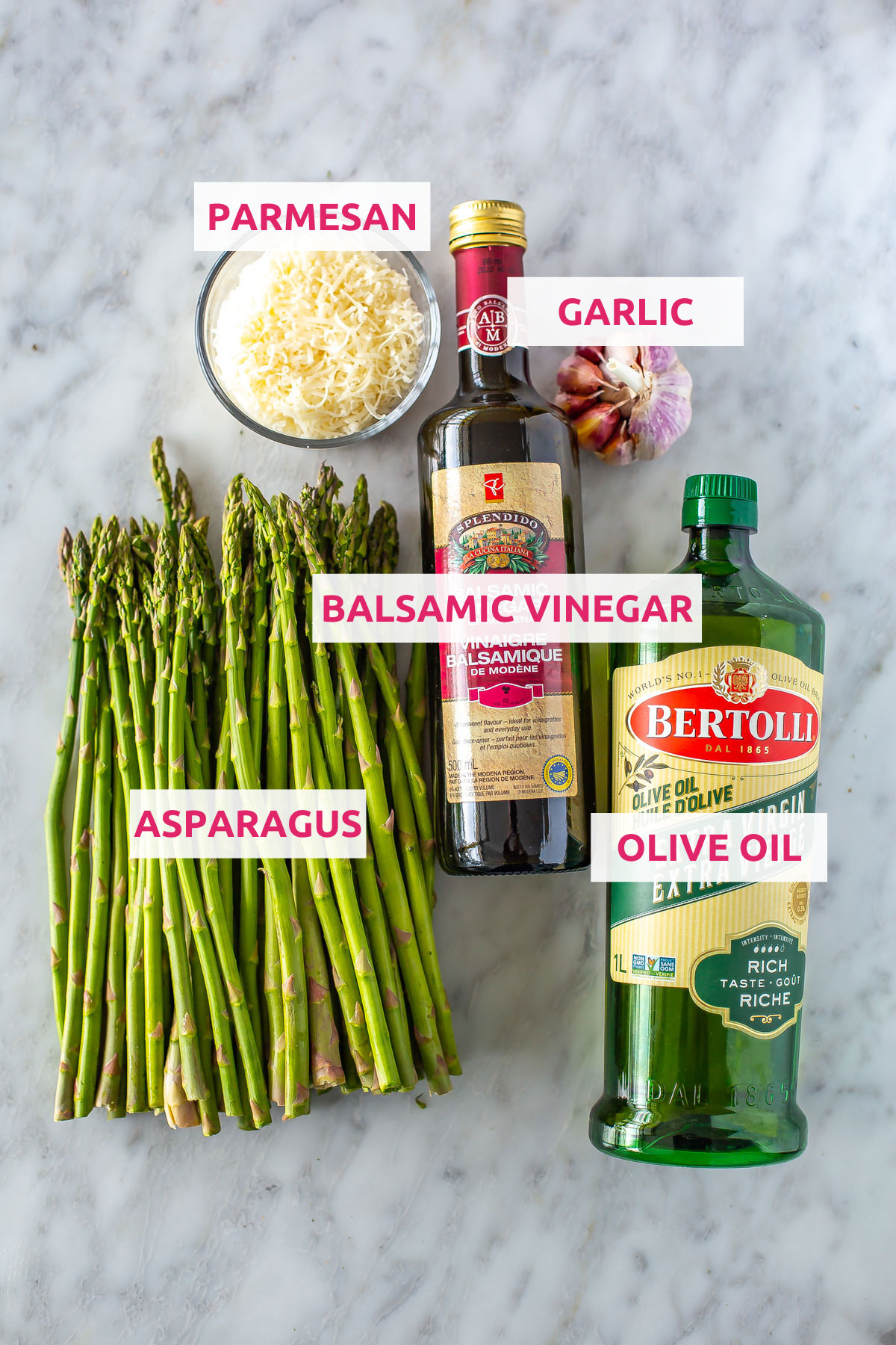 Ingredients for making air fryer asparagus: asparagus, olive oil, balsamic vinegar, parmesan and garlic.
