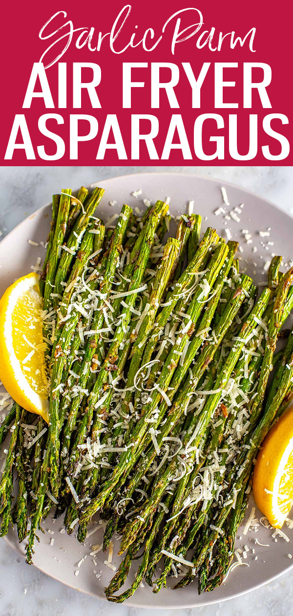 This Garlic Parm Air Fryer Asparagus recipe is going to become your next favourite side dish - it only takes 15 minutes and 5 ingredients! #airfryer #asparagus