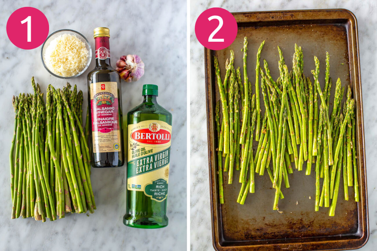 Steps 1 and 2 for making air fryer asparagus: Preheat air fryer and assemble ingredients, then trim asparagus and toss with seasonings.