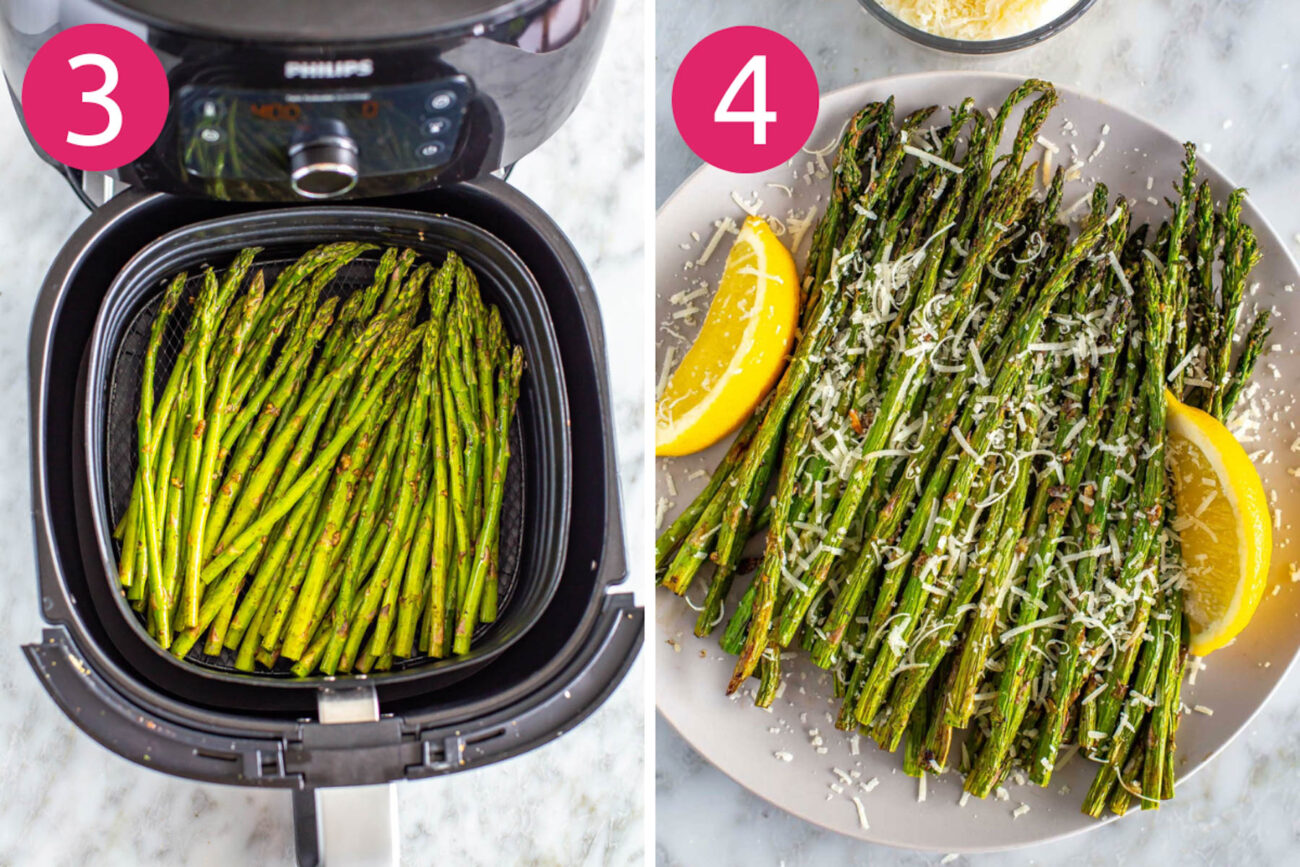 Steps 3 and 4 for making air fryer asparagus: air fry asparagus then top with parmesan cheese.