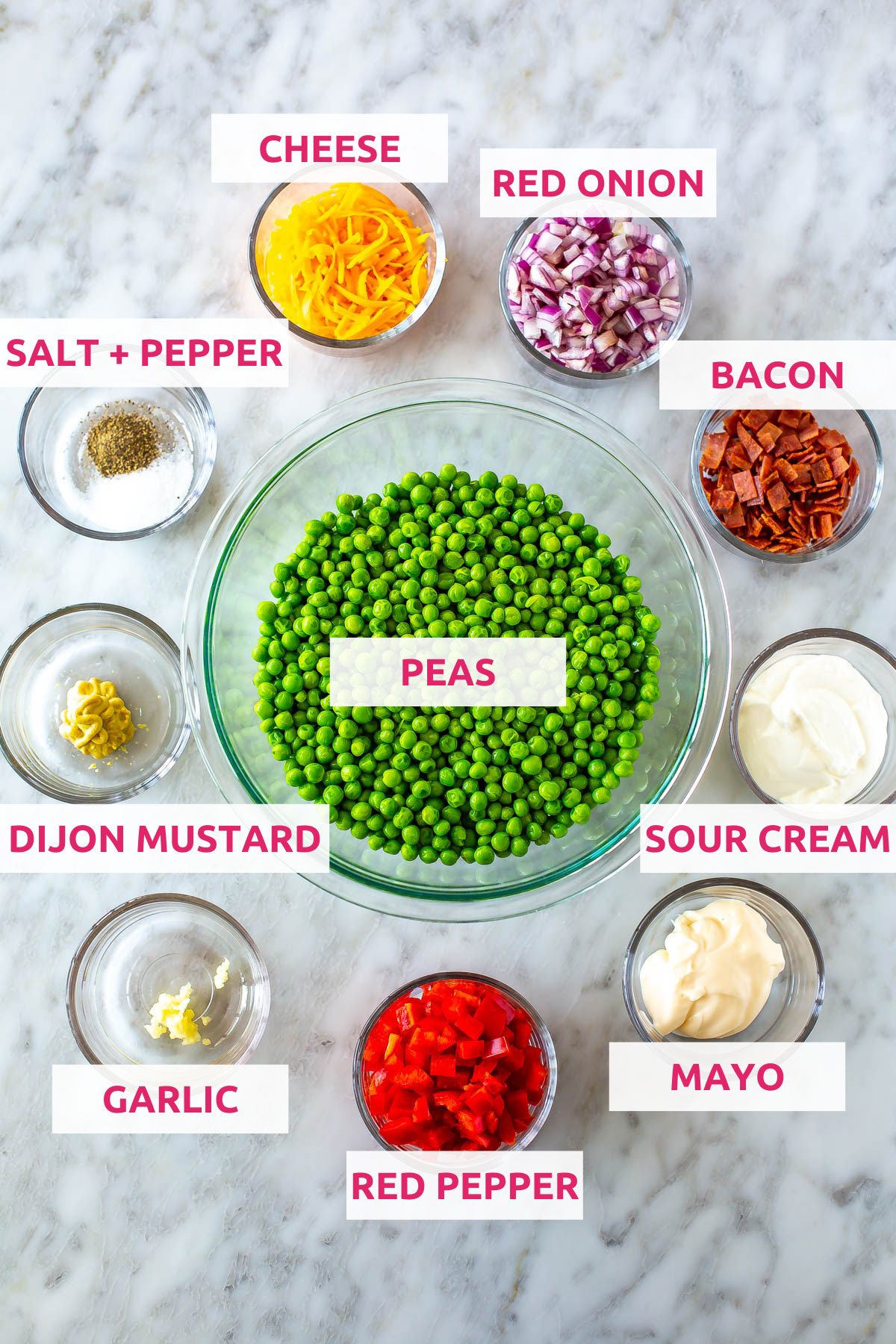 Ingredients for pea salad: peas, cheese, red onion, bacon, sour cream, mayo, red pepper, garlic, dijon mustard, salt and pepper.