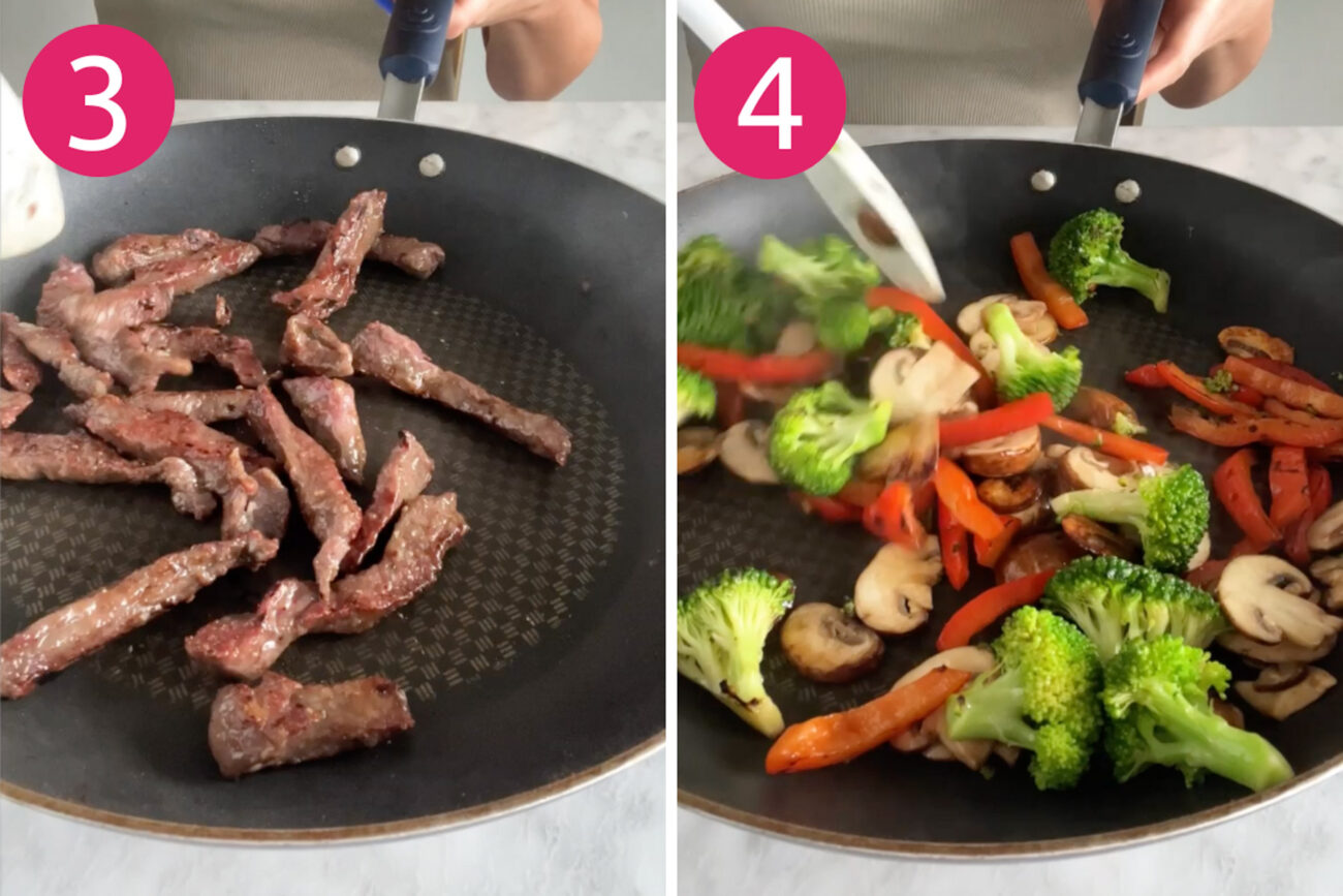 Steps 3 and 4 for making ginger beef sweet potato noodles: Cook beef then saute veggies.