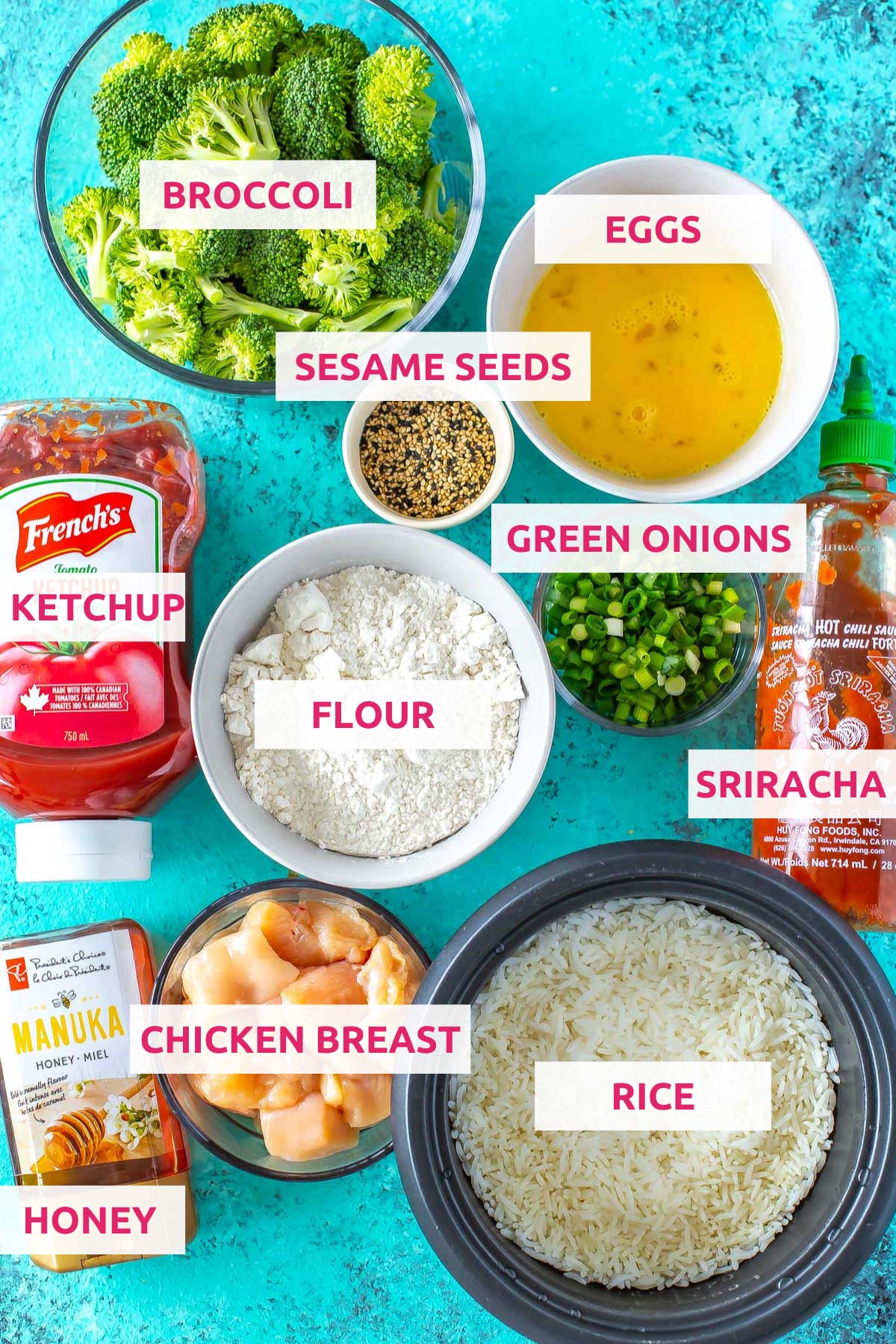 Ingredients for honey sriracha chicken meal prep bowls: chicken breast, rice, sriracha, flour, eggs, green onions, sesame seeds, broccoli, ketchup and honey.