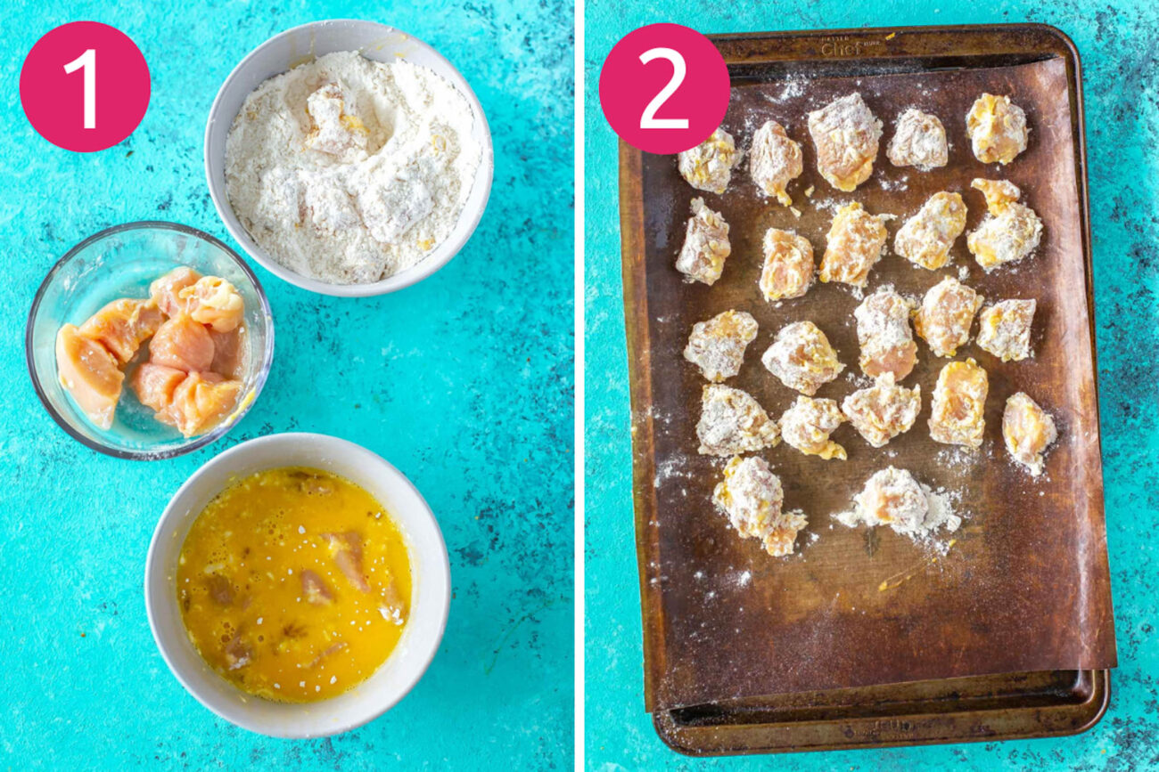 Steps 1 and 2 for making honey sriracha chicken meal prep bowls: bread the chicken and bake on a sheet pan.