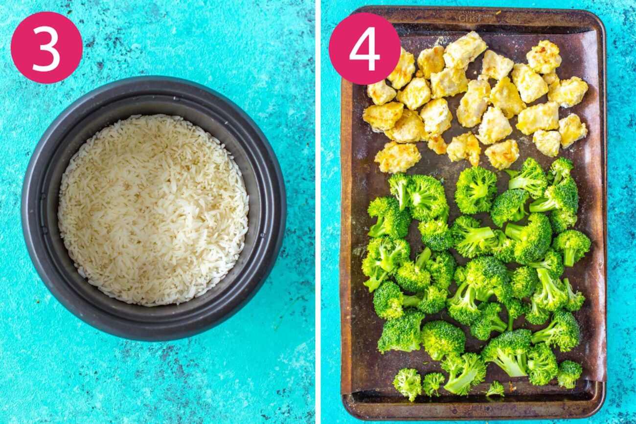 Steps 3 and 4 for making honey sriracha chicken meal prep bowls: Cook the rice then flip the chicken and cook alongside broccoli.