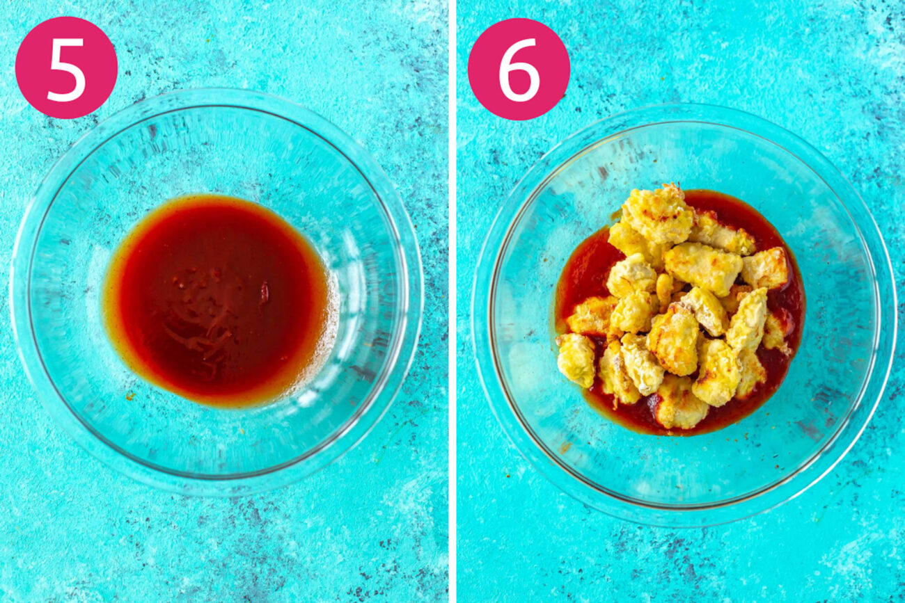 Steps 5 and 6 for making honey sriracha chicken meal prep bowls: Make the sauce then coat the chicken with the sauce.