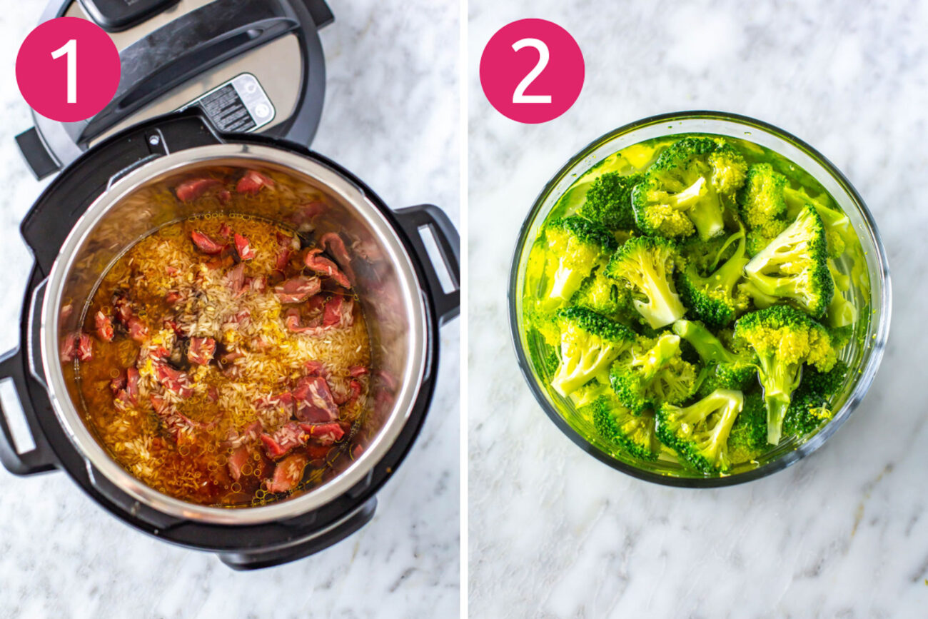 Steps 1 and 2 for making Instant Pot beef and broccoli: Add first 8 ingredients to Instant Pot and cook. Steam broccoli. 