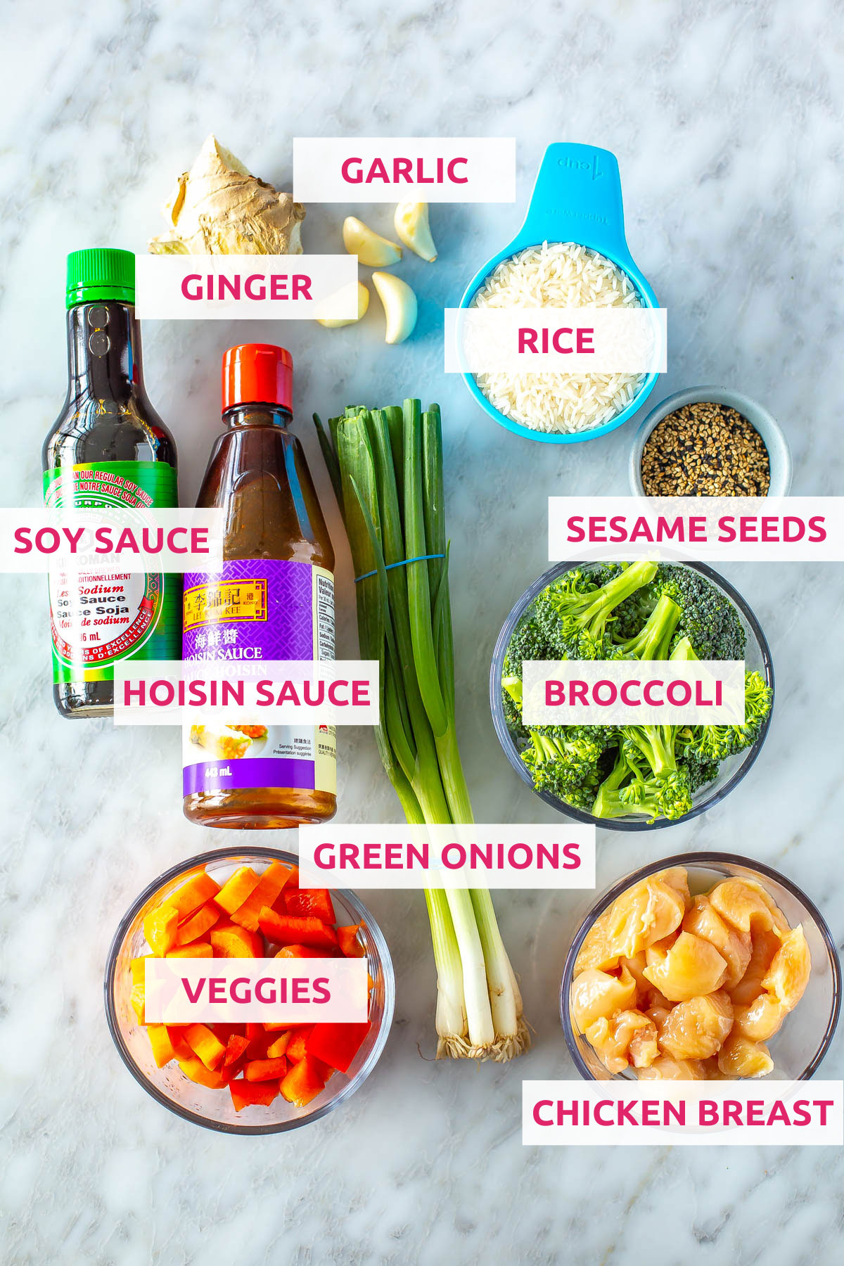 Ingredients for Instant Pot teriyaki chicken bowls: rice, garlic, ginger, soy sauce, hoisin sauce, veggies, green onions, chicken breast, broccoli and sesame seeds.