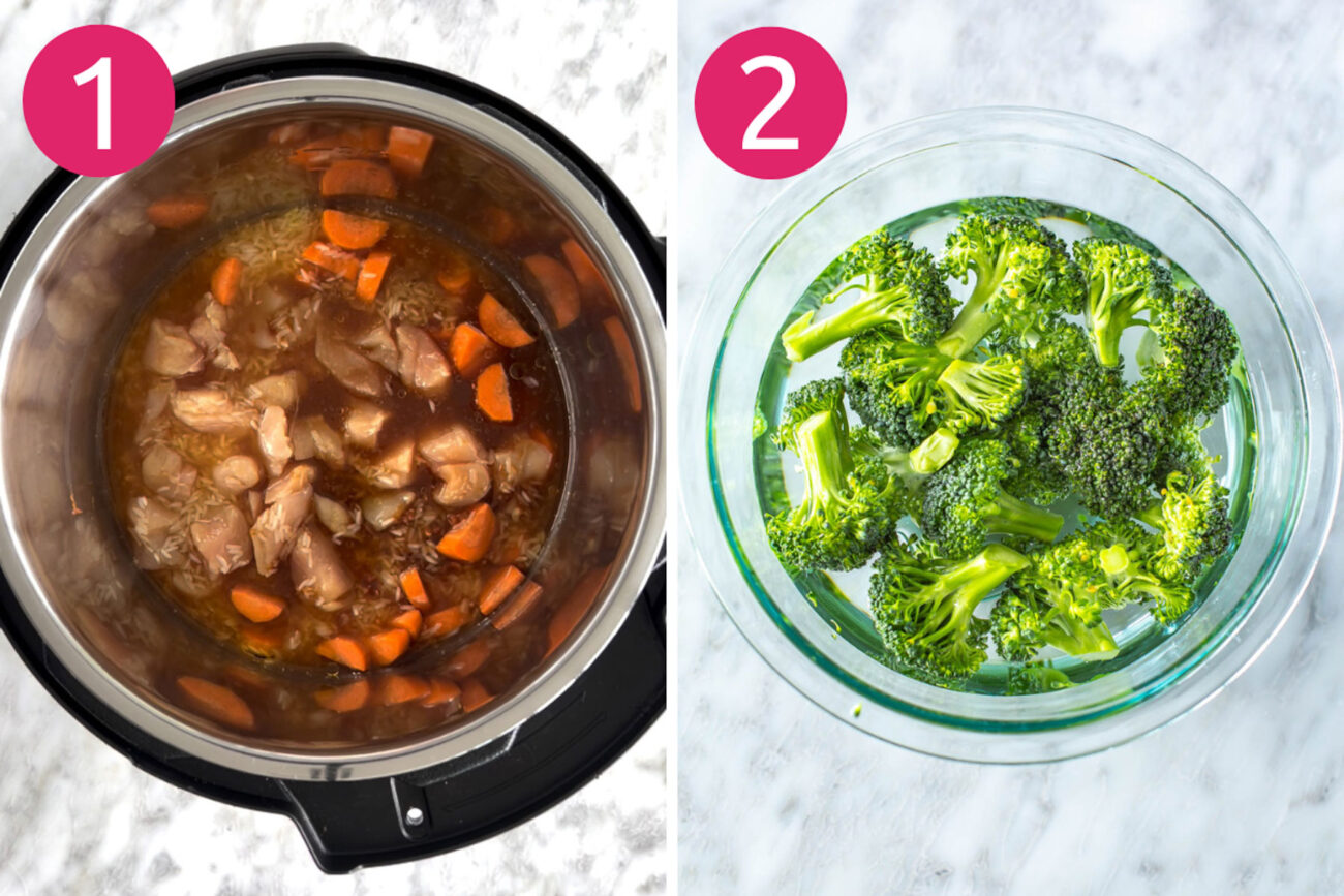 Steps 1 and 2 for making Instant Pot teriyaki chicken bowls: Add first 10 ingredients to Instant Pot and cook, then steam broccoli.