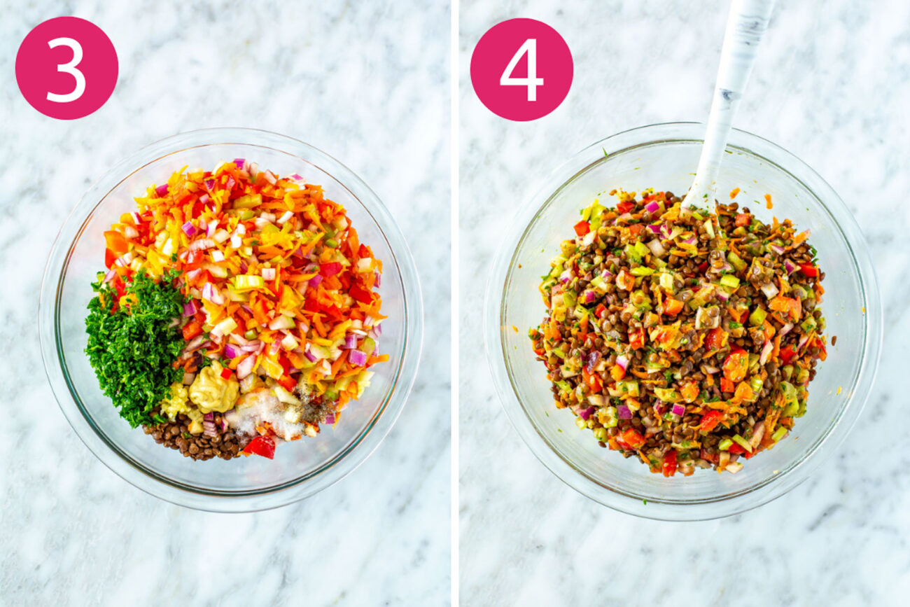 Steps 3 and 4 for making lentil salad: Toss everything together and let it rest in the fridge for 1 hour before serving.